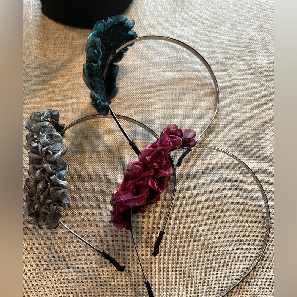 Set of 5 Organza Floral Headbands,Teal, Gray, and Pink, silver and purple - Picture 4 of 4